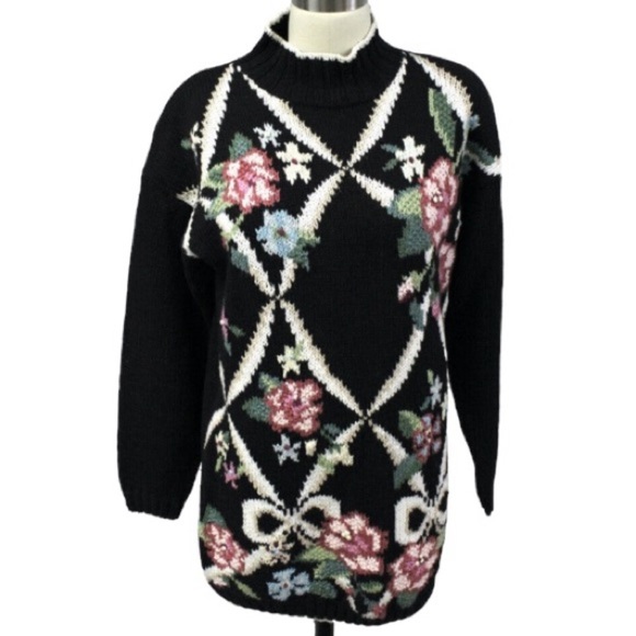 Vintage 80s Beldoch Popper Black Floral Mock Neck Knit Sweater - Picture 2 of 8